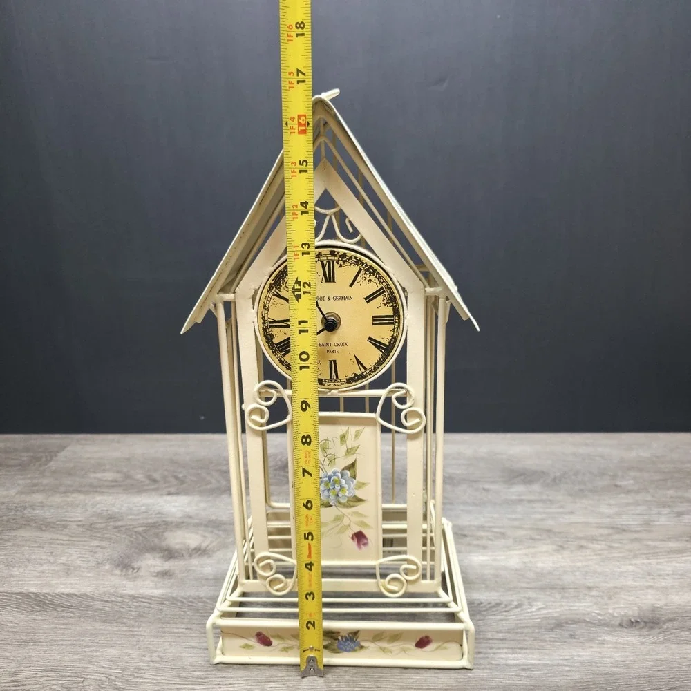 Vintage MANN Bird Cage Clock Tower Metal Floral Hand Painted 16.5